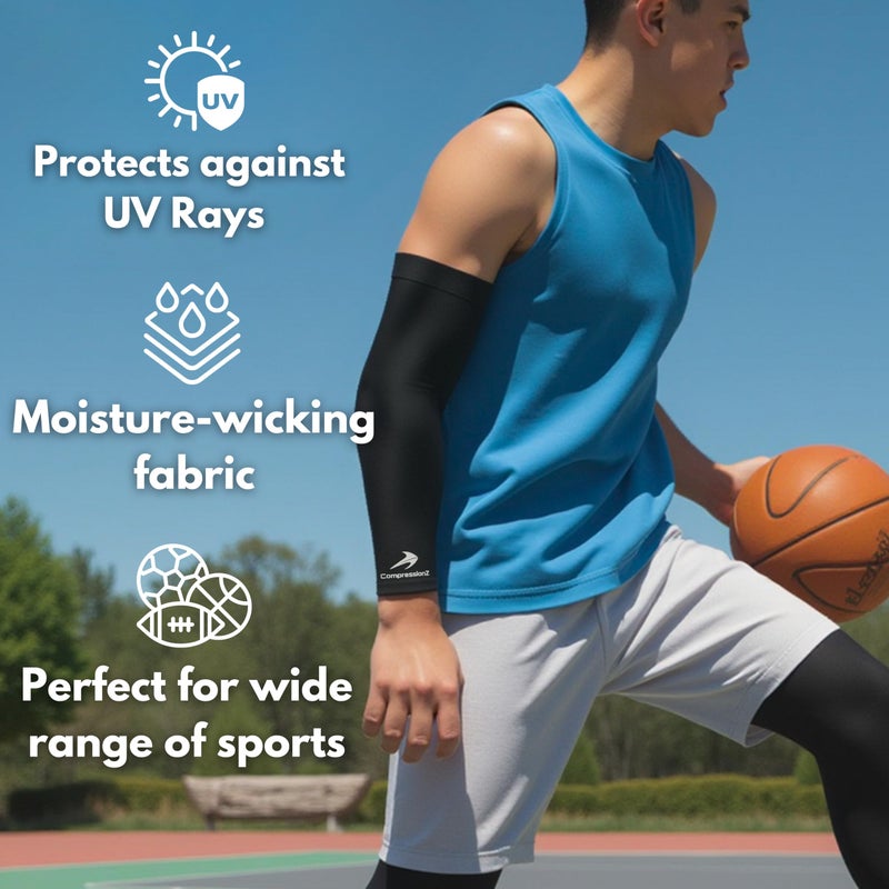 CompressionZ أكمام ذراع للأطفال (1 زوج) ضغط - للأولاد والبنات والشباب في كرة السلة - أفضل واقيات كوع لحماية كرة القدم، البيسبول، الجري، الكرة الطائرة، والرياضات الرياضية (أسود)  - Image 2